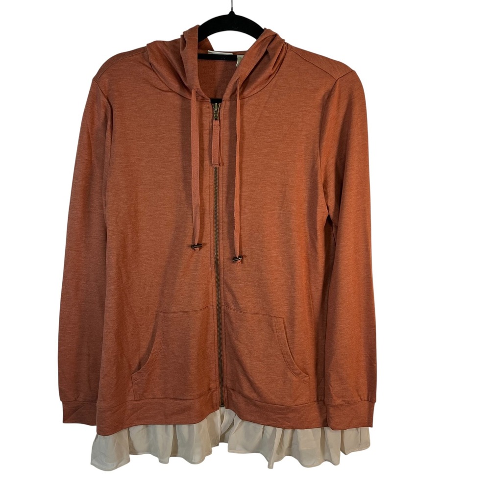 LOGO Lounge Lori Goldstein Rust Zip Up Hoodie Chiffon Ruffle Hem Small Boho Cozy